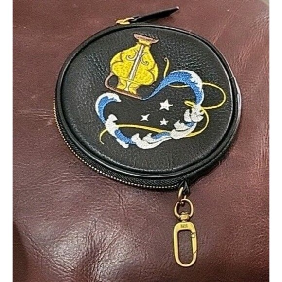 Hobo Intl Black Leather zodiac Star Sign Aquarius Pouch W/ Dogclip EUC - Picture 7 of 7